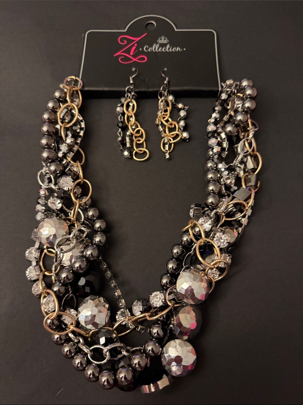 IC COLLECTION Hematite & Gold Multi-Strand Statement Necklace with Earrings